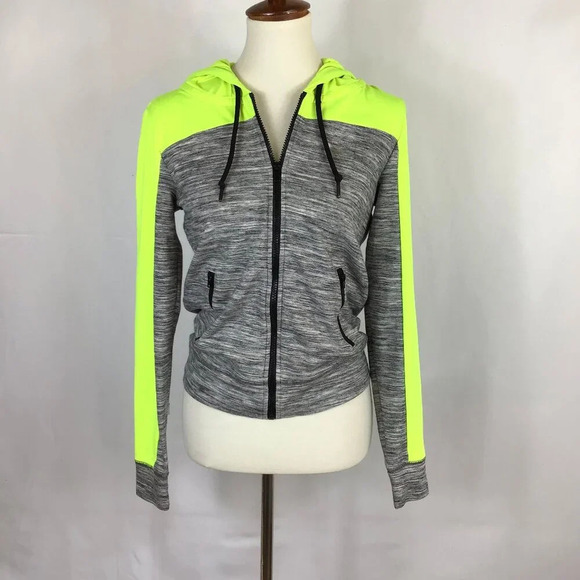 PINK Victoria's Secret Tops - PINK Victoria's Secret Hoodie Neon + Marled Gray Pockets Zip Long Sleeve Small